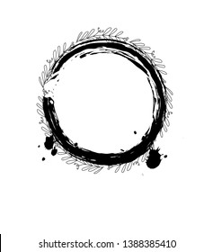black and white abstract graphic pattern with leaves and a branch and brush stroke in a circle,