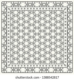 Black and white abstract graphic pattern. Geometric ornament with frame, border. Line art, lace, embroidery background. Bandanna, shawl, scarf, tablecloth design for textile fabric print