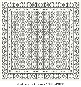 Black and white abstract graphic pattern. Geometric ornament with frame, border. Line art, lace, embroidery background. Bandanna, shawl, scarf, tablecloth design for textile fabric print