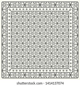 Black and white abstract graphic pattern. Geometric ornament with frame, border. Line art, lace, embroidery background. Bandanna, shawl, scarf, tablecloth design for textile fabric print