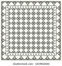 Black and white abstract graphic pattern. Geometric ornament with frame, border. Line art, lace, embroidery background. Bandanna, shawl, scarf, tablecloth design for textile fabric print