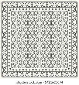 Black and white abstract graphic pattern. Geometric ornament with frame, border. Line art, lace, embroidery background. Bandanna, shawl, scarf, tablecloth design for textile fabric print