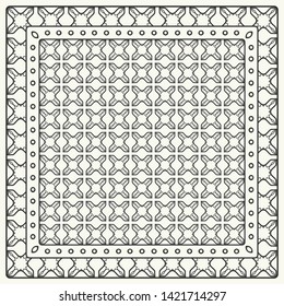 Black and white abstract graphic pattern. Geometric ornament with frame, border. Line art, lace, embroidery background. Bandanna, shawl, scarf, tablecloth design for textile fabric print