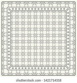 Black and white abstract graphic pattern. Geometric ornament with frame, border. Line art, lace, embroidery background. Bandanna, shawl, scarf, tablecloth design for textile fabric print