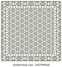 Black and white abstract graphic pattern. Geometric ornament with frame, border. Line art, lace, embroidery background. Bandanna, shawl, scarf, tablecloth design for textile fabric print