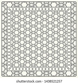 Black and white abstract graphic pattern. Geometric ornament with frame, border. Line art, lace, embroidery background. Bandanna, shawl, scarf, tablecloth design for textile fabric print