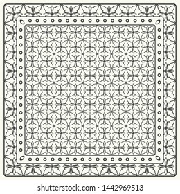 Black and white abstract graphic pattern. Geometric ornament with frame, border. Line art, lace, embroidery background. Bandanna, shawl, scarf, tablecloth design for textile fabric print