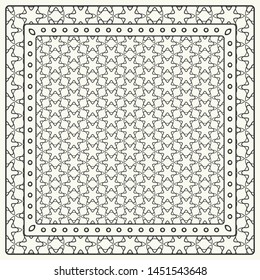 Black and white abstract graphic pattern. Geometric ornament with frame, border. Line art, lace, embroidery background. Bandanna, shawl, scarf, tablecloth design for textile fabric print