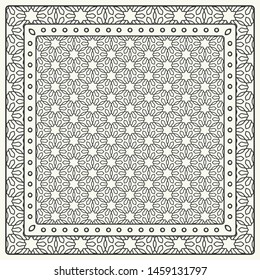 Black and white abstract graphic pattern. Geometric ornament with frame, border. Line art, lace, embroidery background. Bandanna, shawl, scarf, tablecloth design for textile fabric print