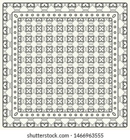 Black and white abstract graphic pattern. Geometric ornament with frame, border. Line art, lace, embroidery background. Bandanna, shawl, scarf, tablecloth design for textile fabric print