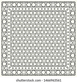 Black and white abstract graphic pattern. Geometric ornament with frame, border. Line art, lace, embroidery background. Bandanna, shawl, scarf, tablecloth design for textile fabric print