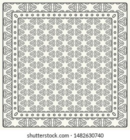 Black and white abstract graphic pattern. Geometric ornament with frame, border. Line art, lace, embroidery background. Bandanna, shawl, scarf, tablecloth design for textile fabric print