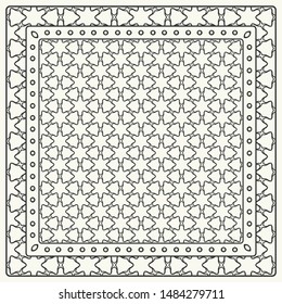 Black and white abstract graphic pattern. Geometric ornament with frame, border. Line art, lace, embroidery background. Bandanna, shawl, scarf, tablecloth design for textile fabric print