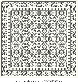 Black and white abstract graphic pattern. Geometric ornament with frame, border. Line art, lace, embroidery background. Bandanna, shawl, scarf, tablecloth design for textile fabric print