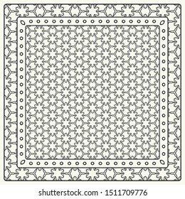 Black and white abstract graphic pattern. Geometric ornament with frame, border. Line art, lace, embroidery background. Bandanna, shawl, scarf, tablecloth design for textile fabric print