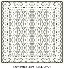 Black and white abstract graphic pattern. Geometric ornament with frame, border. Line art, lace, embroidery background. Bandanna, shawl, scarf, tablecloth design for textile fabric print