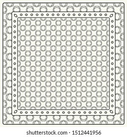Black and white abstract graphic pattern. Geometric ornament with frame, border. Line art, lace, embroidery background. Bandanna, shawl, scarf, tablecloth design for textile fabric print