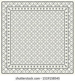 Black and white abstract graphic pattern. Geometric ornament with frame, border. Line art, lace, embroidery background. Bandanna, shawl, scarf, tablecloth design for textile fabric print