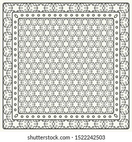 Black and white abstract graphic pattern. Geometric ornament with frame, border. Line art, lace, embroidery background. Bandanna, shawl, scarf, tablecloth design for textile fabric print