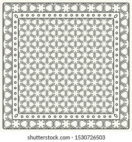 Black and white abstract graphic pattern. Geometric ornament with frame, border. Line art, lace, embroidery background. Bandanna, shawl, scarf, tablecloth design for textile fabric print