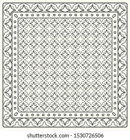 Black and white abstract graphic pattern. Geometric ornament with frame, border. Line art, lace, embroidery background. Bandanna, shawl, scarf, tablecloth design for textile fabric print
