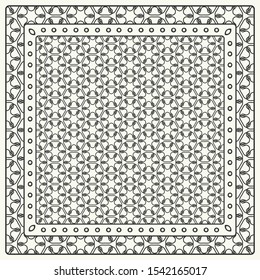Black and white abstract graphic pattern. Geometric ornament with frame, border. Line art, lace, embroidery background. Bandanna, shawl, scarf, tablecloth design for textile fabric print