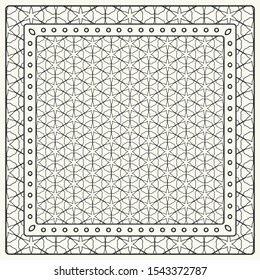 Black and white abstract graphic pattern. Geometric ornament with frame, border. Line art, lace, embroidery background. Bandanna, shawl, scarf, tablecloth design for textile fabric print