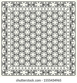 Black and white abstract graphic pattern. Geometric ornament with frame, border. Line art, lace, embroidery background. Bandanna, shawl, scarf, tablecloth design for textile fabric print