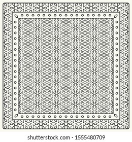 Black and white abstract graphic pattern. Geometric ornament with frame, border. Line art, lace, embroidery background. Bandanna, shawl, scarf, tablecloth design for textile fabric print