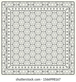 Black and white abstract graphic pattern. Geometric ornament with frame, border. Line art, lace, embroidery background. Bandanna, shawl, scarf, tablecloth design for textile fabric print