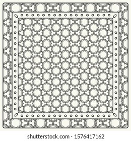 Black and white abstract graphic pattern. Geometric ornament with frame, border. Line art, lace, embroidery background. Bandanna, shawl, scarf, tablecloth design for textile fabric print