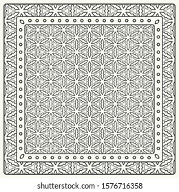 Black and white abstract graphic pattern. Geometric ornament with frame, border. Line art, lace, embroidery background. Bandanna, shawl, scarf, tablecloth design for textile fabric print