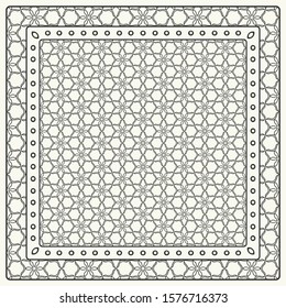 Black and white abstract graphic pattern. Geometric ornament with frame, border. Line art, lace, embroidery background. Bandanna, shawl, scarf, tablecloth design for textile fabric print