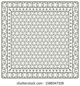 Black and white abstract graphic pattern. Geometric ornament with frame, border. Line art, lace, embroidery background. Bandanna, shawl, scarf, tablecloth design for textile fabric print