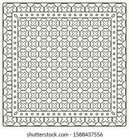 Black and white abstract graphic pattern. Geometric ornament with frame, border. Line art, lace, embroidery background. Bandanna, shawl, scarf, tablecloth design for textile fabric print