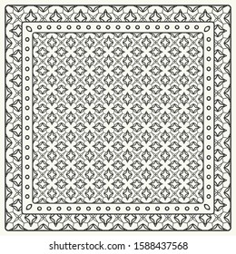 Black and white abstract graphic pattern. Geometric ornament with frame, border. Line art, lace, embroidery background. Bandanna, shawl, scarf, tablecloth design for textile fabric print