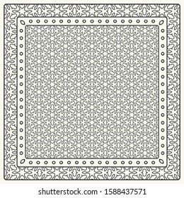 Black and white abstract graphic pattern. Geometric ornament with frame, border. Line art, lace, embroidery background. Bandanna, shawl, scarf, tablecloth design for textile fabric print