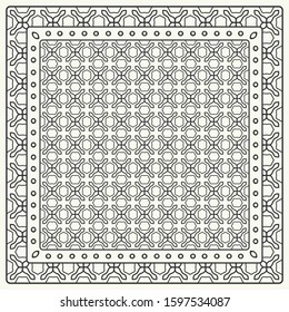 Black and white abstract graphic pattern. Geometric ornament with frame, border. Line art, lace, embroidery background. Bandanna, shawl, scarf, tablecloth design for textile fabric print