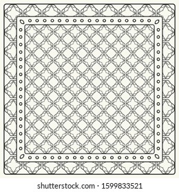 Black and white abstract graphic pattern. Geometric ornament with frame, border. Line art, lace, embroidery background. Bandanna, shawl, scarf, tablecloth design for textile fabric print