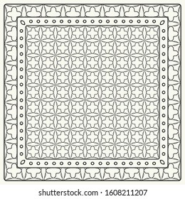 Black and white abstract graphic pattern. Geometric ornament with frame, border. Line art, lace, embroidery background. Bandanna, shawl, scarf, tablecloth design for textile fabric print