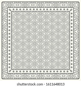 Black and white abstract graphic pattern. Geometric ornament with frame, border. Line art, lace, embroidery background. Bandanna, shawl, scarf, tablecloth design for textile fabric print