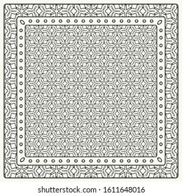 Black and white abstract graphic pattern. Geometric ornament with frame, border. Line art, lace, embroidery background. Bandanna, shawl, scarf, tablecloth design for textile fabric print