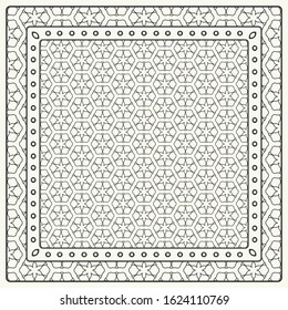 Black and white abstract graphic pattern. Geometric ornament with frame, border. Line art, lace, embroidery background. Bandanna, shawl, scarf, tablecloth design for textile fabric print