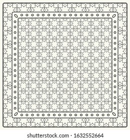 Black and white abstract graphic pattern. Geometric ornament with frame, border. Line art, lace, embroidery background. Bandanna, shawl, scarf, tablecloth design for textile fabric print