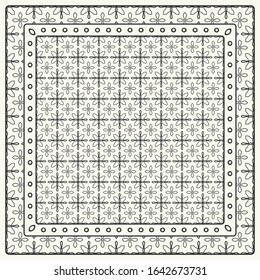 Black and white abstract graphic pattern. Geometric ornament with frame, border. Line art, lace, embroidery background. Bandanna, shawl, scarf, tablecloth design for textile fabric print