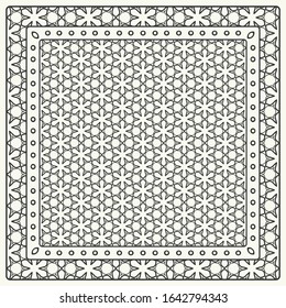 Black and white abstract graphic pattern. Geometric ornament with frame, border. Line art, lace, embroidery background. Bandanna, shawl, scarf, tablecloth design for textile fabric print