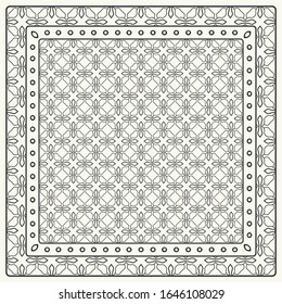 Abstraktes, schwarz-weißes grafisches Muster.Geometrisches Ornament mit Rahmen, Rahmen. Line Art, Spitze, Stickereihintergrund. Bandanna, Schal, Schal, Tischdecken-Design für Stoffdruck