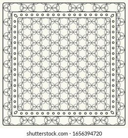 Black and white abstract graphic pattern. Geometric ornament with frame, border. Line art, lace, embroidery background. Bandanna, shawl, scarf, tablecloth design for textile fabric print