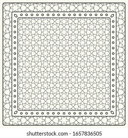 Black and white abstract graphic pattern. Geometric ornament with frame, border. Line art, lace, embroidery background. Bandanna, shawl, scarf, tablecloth design for textile fabric print