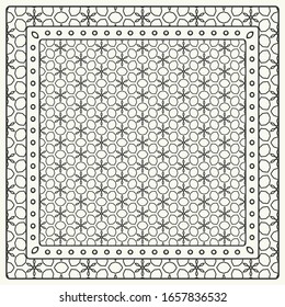 Black and white abstract graphic pattern. Geometric ornament with frame, border. Line art, lace, embroidery background. Bandanna, shawl, scarf, tablecloth design for textile fabric print